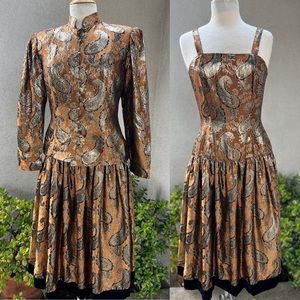 Vintage 80s cocktail dress bronze metallic silver black jacket Sm Oleg Cassini